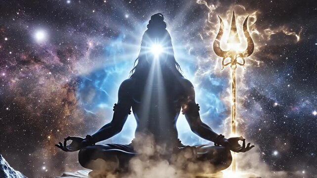 Shiva Silhouette in Cosmic Meditation - The video depicts a silhouette of a deity, resembling Shiva, seated in the lotus position against a cosmic backdrop.
