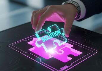 Person's hand placing neon puzzle piece with 'SOLUTION' on digital interface with glowing pink puzzle outline on dark surface