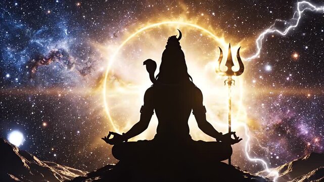 Silhouette of Deity Meditating in Cosmic Landscape - The video depicts the silhouette of a supreme deity in a meditative lotus position, holding a trishula against a backdrop of a vibrant cosmic