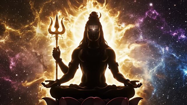 Divine Silhouette of Shiva in Cosmic Meditation - A powerful silhouette of a deity seated in the lotus position, surrounded by a vibrant cosmic backdrop.