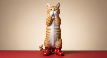 A whimsical cat figurine standing on hind legs wearing red boots.