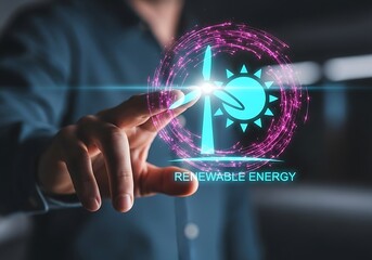 Person Interacting with Renewable Energy Interface Displaying Sustainability Concepts