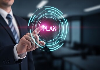 Businessman in office planning strategy with futuristic interface