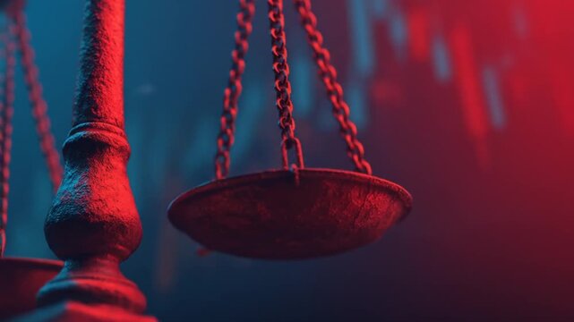 Close up of justice scale under red and blue lighting