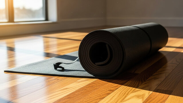 Rolled up black yoga mat resting on a polished hardwood floor in a brightly lit room, with a window in the background letting in natural sunlight and casting long shadows