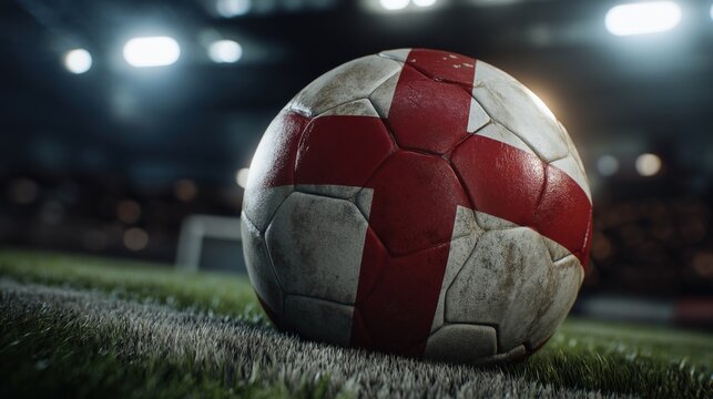 Close up of dirty soccer ball with England flag St George cross texture on grass field at night. English national football team game, premier league or championship concept