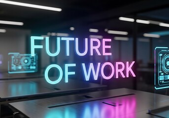 Futuristic office workspace with neon signs and sleek furniture viewed from a slightly elevated perspective.