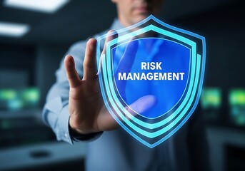 Person interacting with a digital risk management shield icon in a modern office environment from a close-up viewpoint