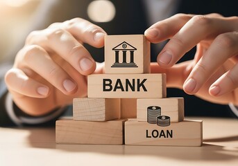 Hands arranging wooden blocks with bank and loan symbols on a table