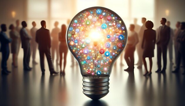 Light Bulb Filled with Miniature Colorful Tags ICONS inside the Bulb Sitting on a Table with People Standing in Blurred Background. Disruptive Consumer Electronics Technology. Glowing Idea. Think Tank