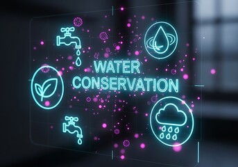 Digital display illustrating water conservation concepts and eco-friendly practices in a modern setting