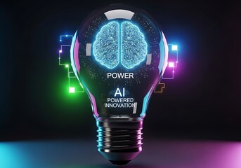 A neon-lit lightbulb glows with a brain inside, symbolizing AI innovation and power in a dark environment