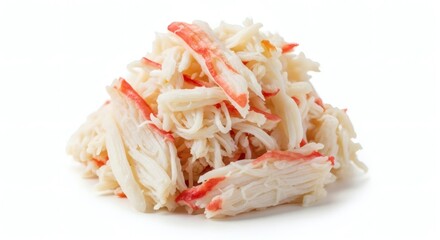 Fresh shredded crab meat pile close-up white background seafood texture top view food ingredient cooking recipe perfect for National Crab Meat Day