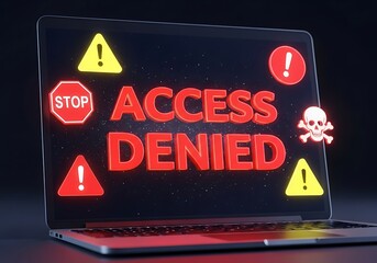 Laptop screen displaying access denied warning with security threats and alerts