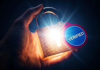 A hand holding a padlock with a verified stamp illuminated by a bright light