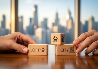 Hands arranging wooden blocks with city, loft, and house icons on a table with a cityscape background