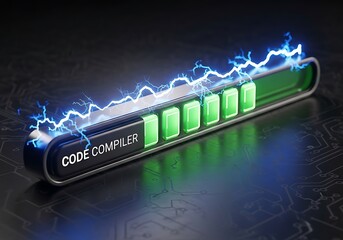 Compilation Process Illustrated with Energized Battery Icon on Dark Circuit Board Background from Oblique Viewpoint