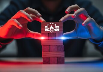 Hands manipulating wooden blocks with shield icon amidst red and blue lighting effects on a table