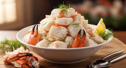 Delicious Crab Meat Salad Overflowing in Bowl, Garnished with Dill and Lemon, Ready for National Crab Meat Day