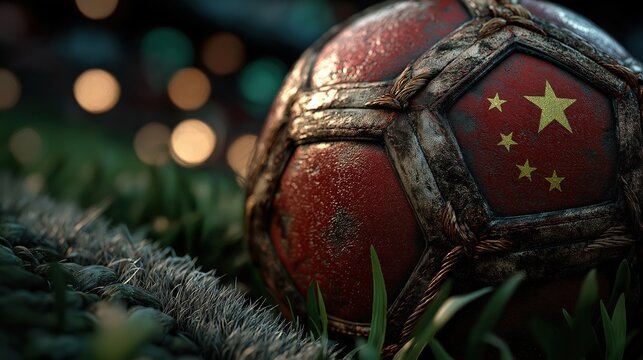 Close up of dirty soccer ball with China flag five stars texture on grass field at night stadium. Chinese national football team, Team Dragon or Asian economy competition concept