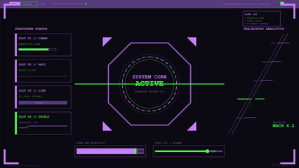 Futuristic dark user interface displaying system core status and trajectory analytics data © AVRIX