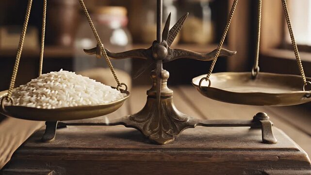 Rice Grains Being Measured on Vintage Weighing Scales - Close-up of rice grains being poured onto one side of a vintage brass weighing scale, showcasing a balance mechanism in a rustic setting.