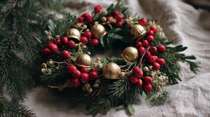 Festive Christmas wreath with red berries and gold bells on rustic background