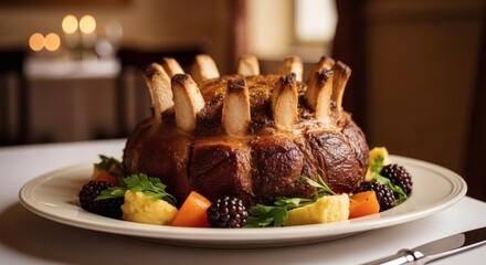 Gourmet crown roast of pork with golden crust served on white plate with roasted vegetables and garnish for holiday feast