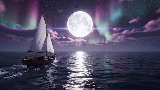 Sailboat on a Moonlit Night with Aurora - A serene scene of a sailboat gliding on calm waters under a luminous full moon.