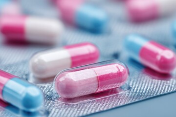 Pink and Blue Medication Pills in Blister Pack: Capsules, Pharmaceutical Products, Healthcare Treatment, Medical Dosage, Prescription Drugs, Close Up, Health and Wellness, Medicine