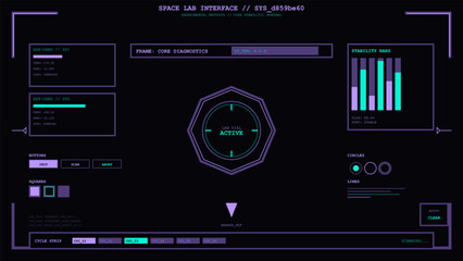 Fototapeta premium Futuristic space lab interface displaying core diagnostics, stability bars, and experimental protocol data
