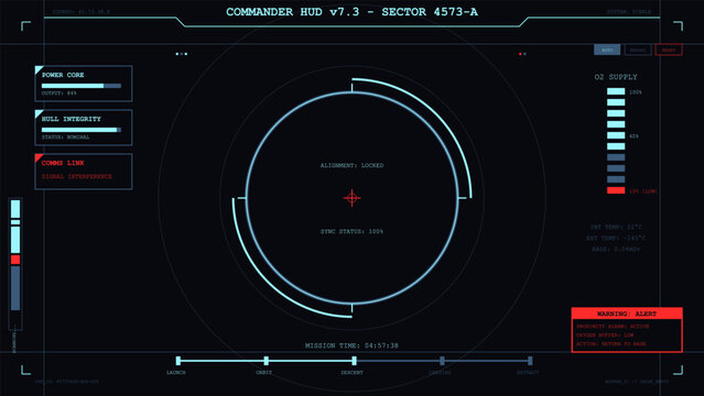 Advanced spaceship dashboard interface with alignment target and critical system warnings