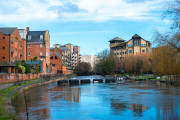 The beautiful view of the coastline of the canal in Reading, England.