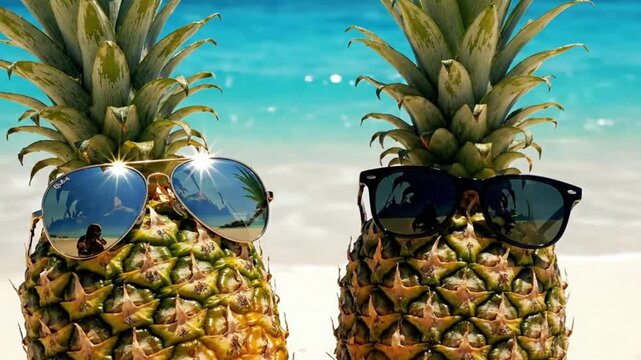 Two pineapples on a beach wear sunglasses reflecting the scene