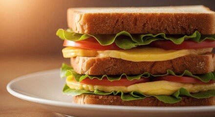 Delicious stacked club sandwich with fresh lettuce tomato cheese on white plate wooden table healthy lunch food perfect for National Egg Muffin Day