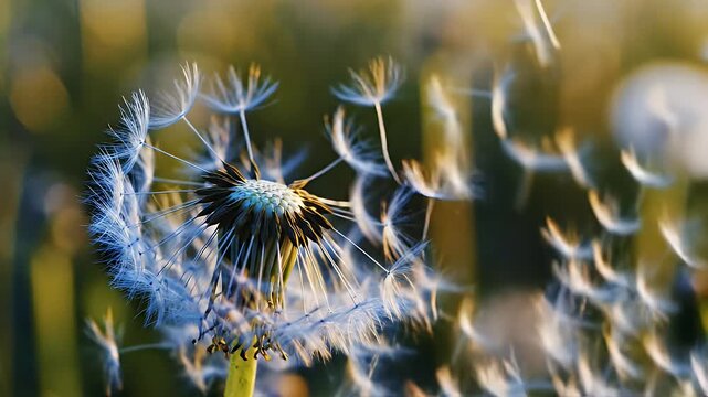 Blue Dandelion Clock with Dispersing Seeds - A close-up view of a blue-tinged dandelion clock as its seeds disperse into the wind.