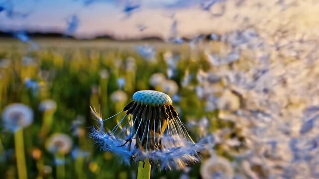 Blue Dandelion Clock Dispersing Seeds - This captivating video captures a dandelion clock featuring vibrant blue hues, with seeds dispersing rapidly.