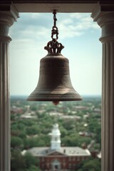 Fototapeta premium Antique Bronze Bell Hanging in a Stone Archway Overlooking a Historic University Campus and Academic Building, Vintage Architecture with a Scenic City View and Blue Sky Background, Classic Heritage