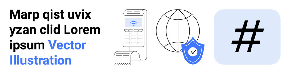 Obraz premium Payment terminal with receipt, globe icon, shield indicating protection, and metadata tag symbol. Ideal for fintech, cybersecurity, global communication, technology, payment systems online safety