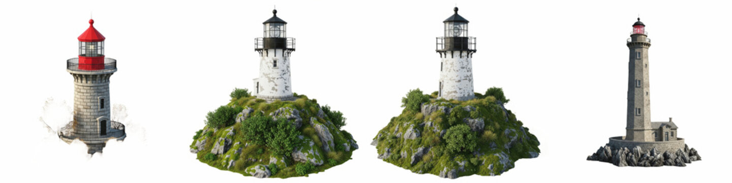 Set of majestic lighthouses on rocky islands isolated on white background, coastal navigation and maritime safety beacon collection