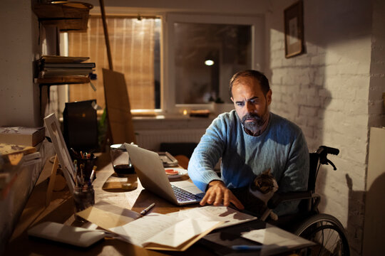 Wheelchair user working late in home office with laptop and cat
