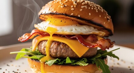 Gourmet breakfast burger with bacon, fried egg, cheese, lettuce, and crispy bun on wooden table perfect for National Egg Muffin Day