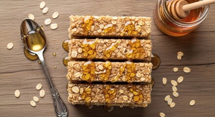 Golden granola energy bars stacked with honey drizzle and oats on rustic wooden table with spoon and seeds perfect for National Flapjack Day