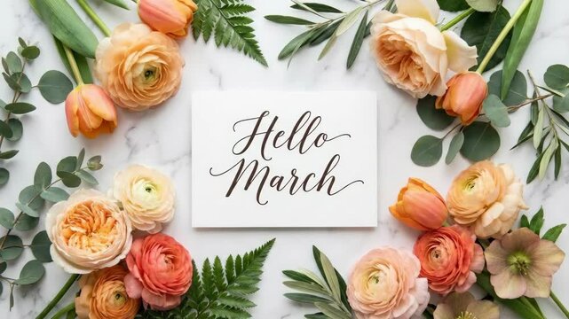 hello march calligraphy on white card with orange ranunculus and tulips. spring floral frame on marble background. seasonal holiday celebration. 