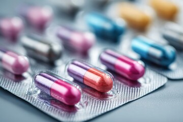 Variety of Colorful Capsule Pills in Blister Packs: Pharmaceutical Medication, Medical Treatment, Dosage for Healthcare, Antibiotics Remedy on Foil Packaging, Close-Up