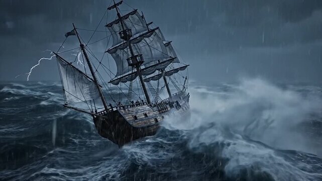 Old sailing ship battling a fierce storm at sea with lightning strikes.