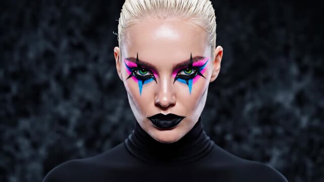 A dramatic look with vibrant neon eye makeup. Perfect for fashion editorials or artistic projects.