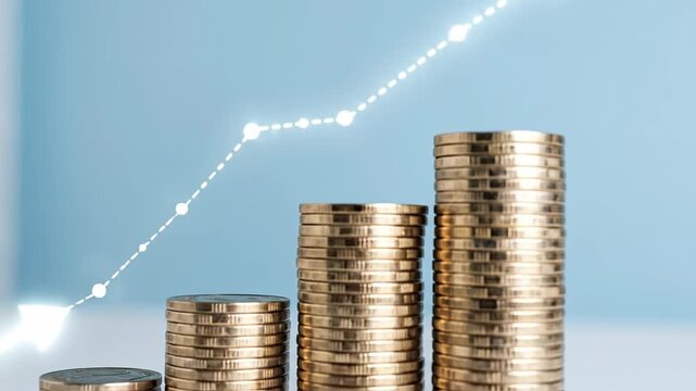 Stacks of golden coins arranged in ascending order, symbolizing financial growth and investment success.