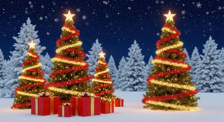 Obraz premium Two glowing Christmas trees with presents in winter snow under starry night sky.