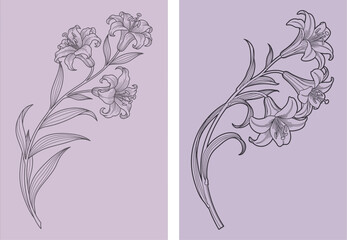 Art Nouveau Lily Flower Line Art on Lavender Mauve Background © Amna